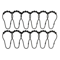 Twelve matte black curtain rings with beaded crowns and closed loops
