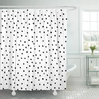 Irregular black dots of varying size scattered over a plain white panel