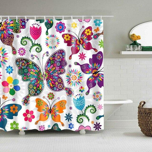 Multicoloured butterflies and flowers scattered across a pure white background