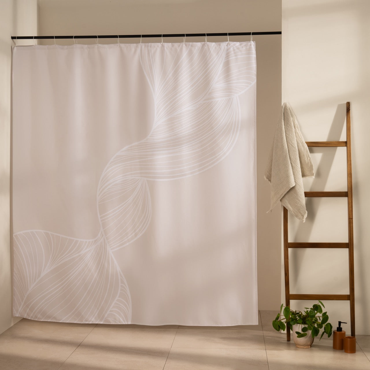 Plain ivory panel traced with fine tone on tone curves full width