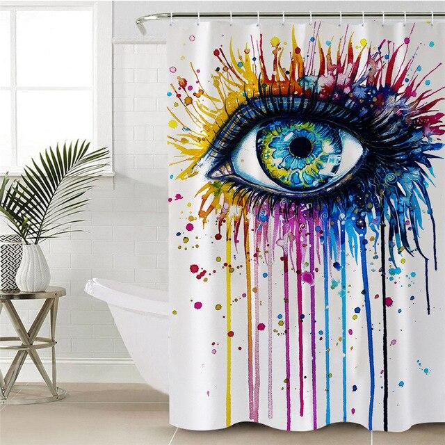 Eye painted in multicoloured splashes with running drips on a white ground