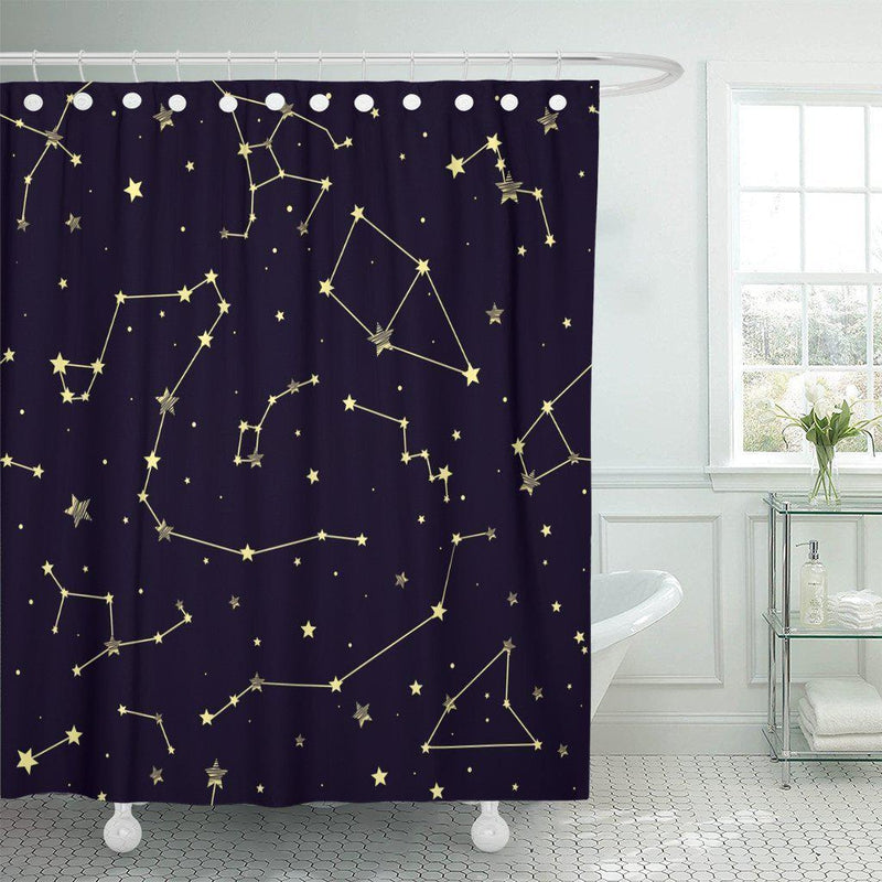 Gold celestial chart with traced constellations on a midnight blue ground