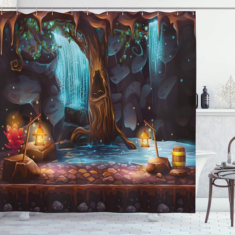 Lit cave with a face shaped tree turquoise waterfalls and golden lanterns