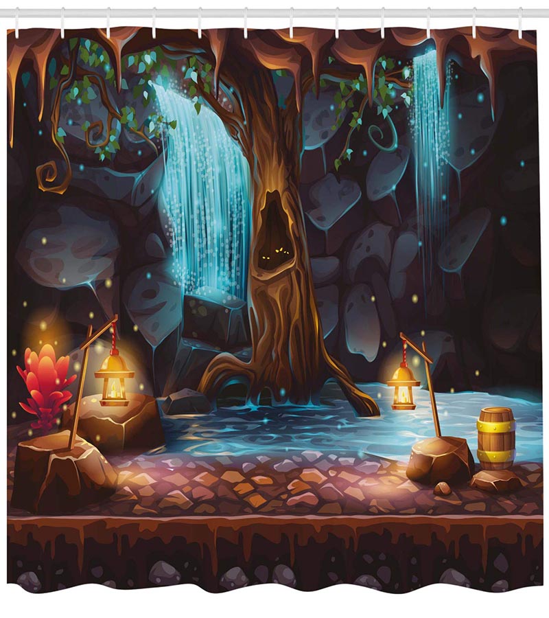 Close view of the glowing lanterns and turquoise falls on fabric