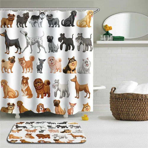 Rows of drawn dogs of many breeds covering a plain white background