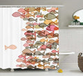 Shoal of stylised fish in coral salmon brown and grey flat tones on white