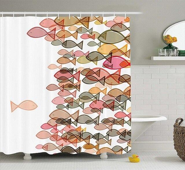 Shoal of stylised fish in coral salmon brown and grey flat tones on white