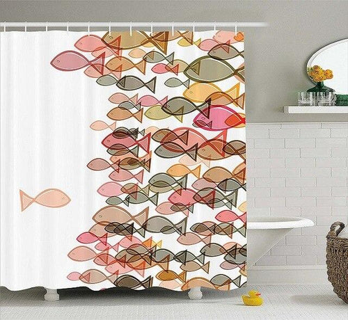 Shoal of stylised fish in coral salmon brown and grey flat tones on white