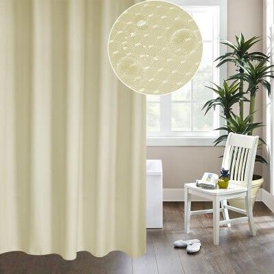 Plain ivory panel hanging in a long drop beside a white bathtub