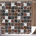 Checkerboard of veined brown black and white marble tiles with pale grout