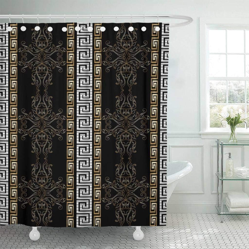 Vertical bands of white and gold Greek key motifs on a black ground
