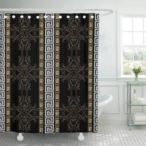 Vertical bands of white and gold Greek key motifs on a black ground