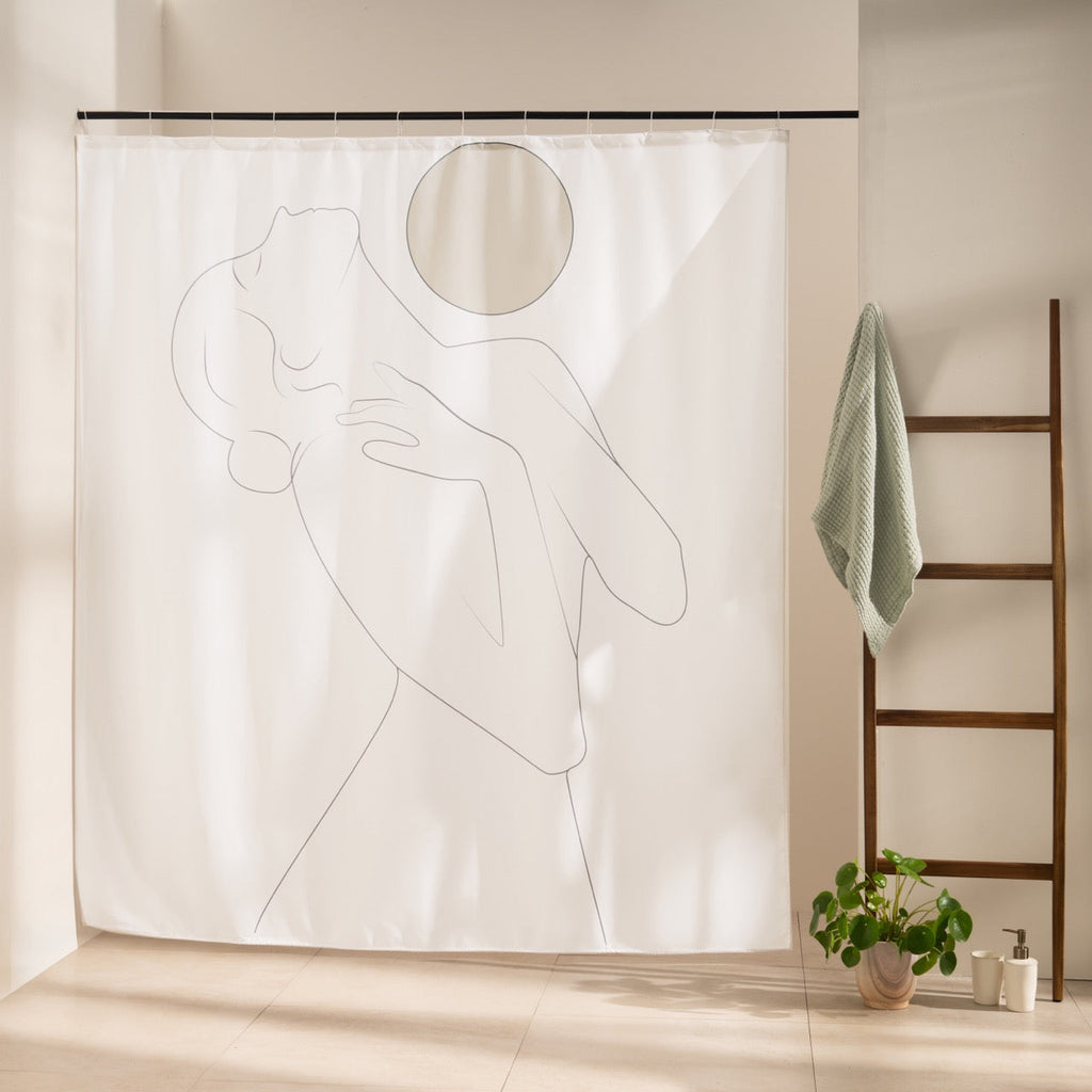 Fine grey line figure with head tilted back under a beige sun disc