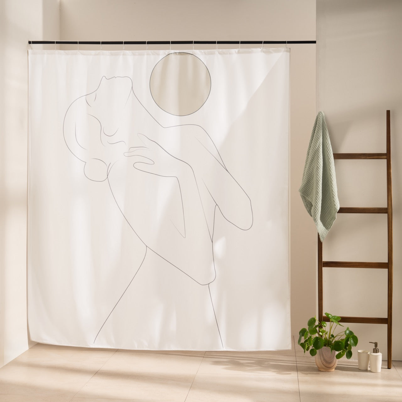 Fine grey line figure with head tilted back under a beige sun disc