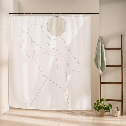 Fine grey line figure with head tilted back under a beige sun disc