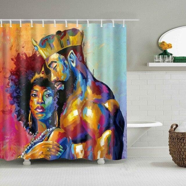 Black couple painted in flat colour on orange blue and violet brush strokes