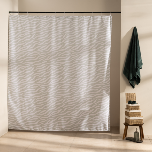 Wavy beige zebra markings repeating across an off-white curtain ground