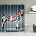 Full length zebra in profile with rainbow coloured stripes on a grey blue gradient