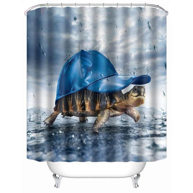 Turtle in a blue cap walking on wet ground through falling rain