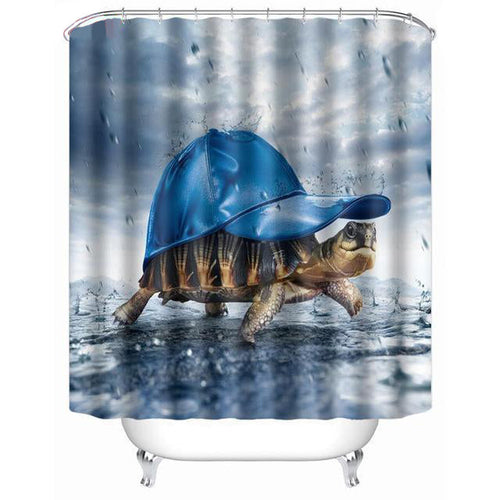 Turtle in a blue cap walking on wet ground through falling rain