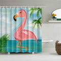Oil painted pink flamingo before turquoise water with pale sky and green palms