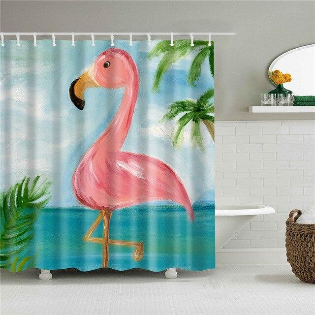 Oil painted pink flamingo before turquoise water with pale sky and green palms
