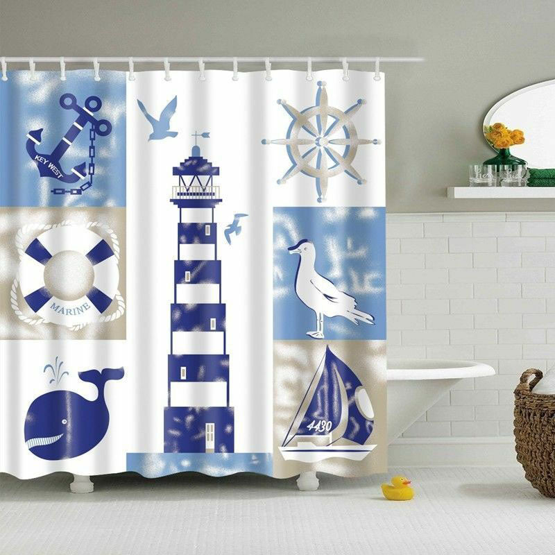 Blue and white squares holding an anchor, lighthouse, ship wheel and whale