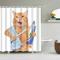 Ginger cat standing with a toothbrush and toothpaste and a towel over its shoulder