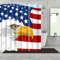 Bald eagle head with yellow beak over a stylised American flag background