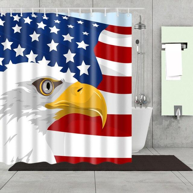 Bald eagle head with yellow beak over a stylised American flag background