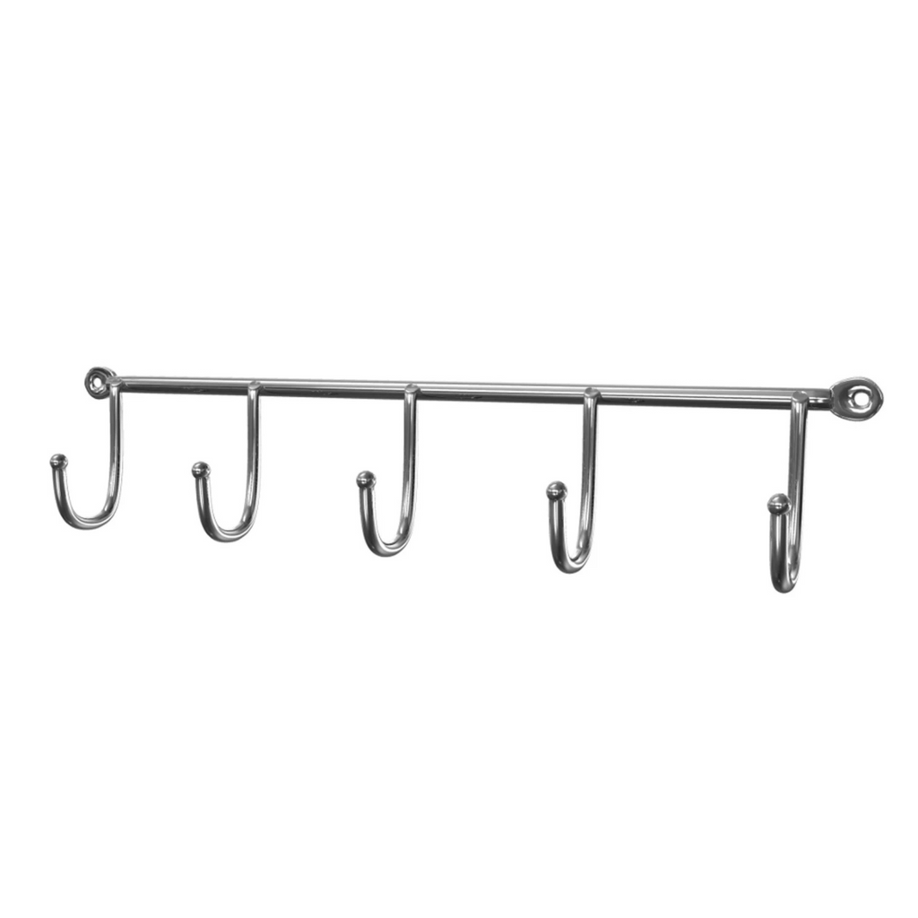 Close view of the polished hooks along the stainless steel rail