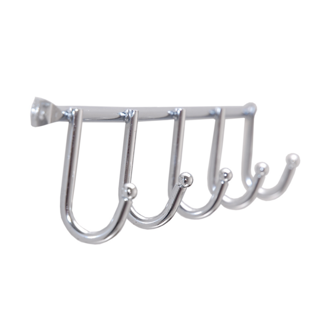 Stainless hook rail styled in a bright bathroom with white tiling