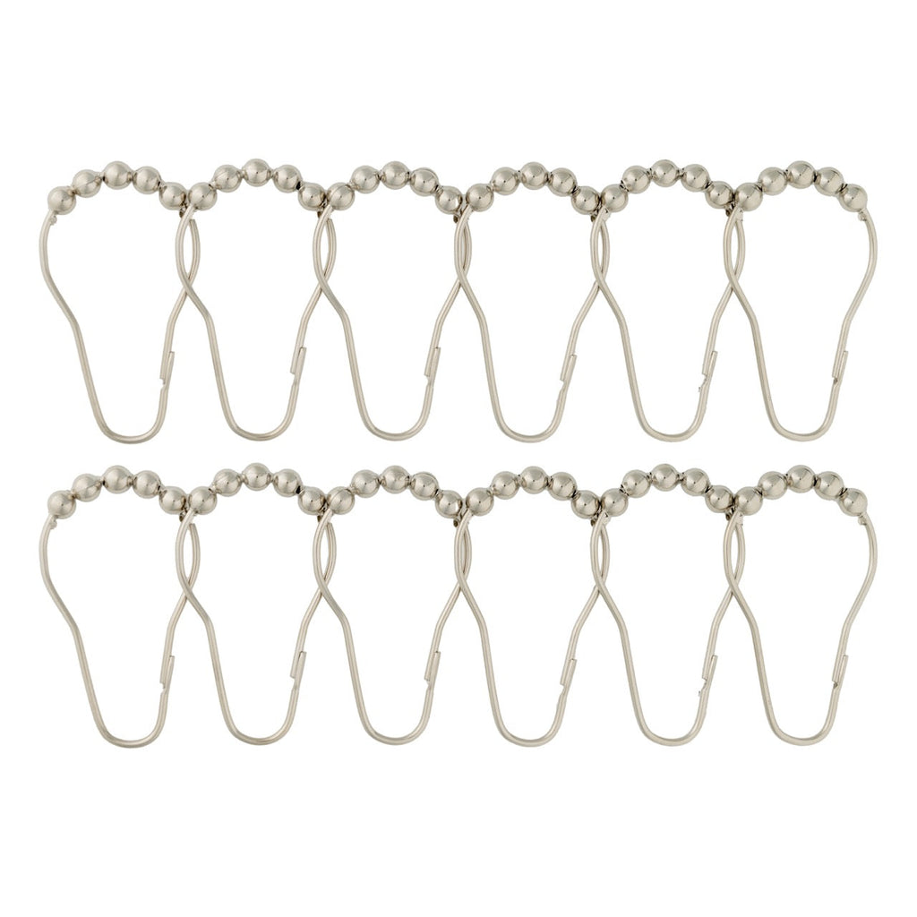 Twelve satin silver curtain rings crowned with small metal balls