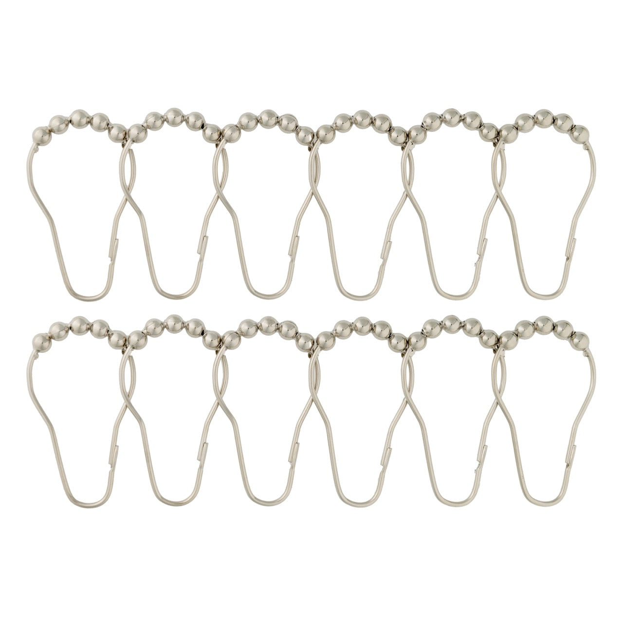 Twelve satin silver curtain rings crowned with small metal balls