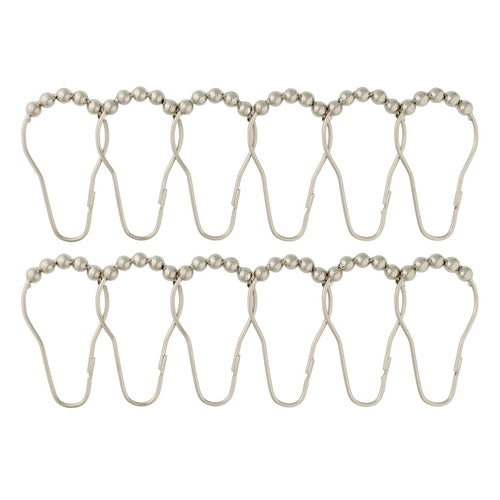 Twelve satin silver curtain rings crowned with small metal balls