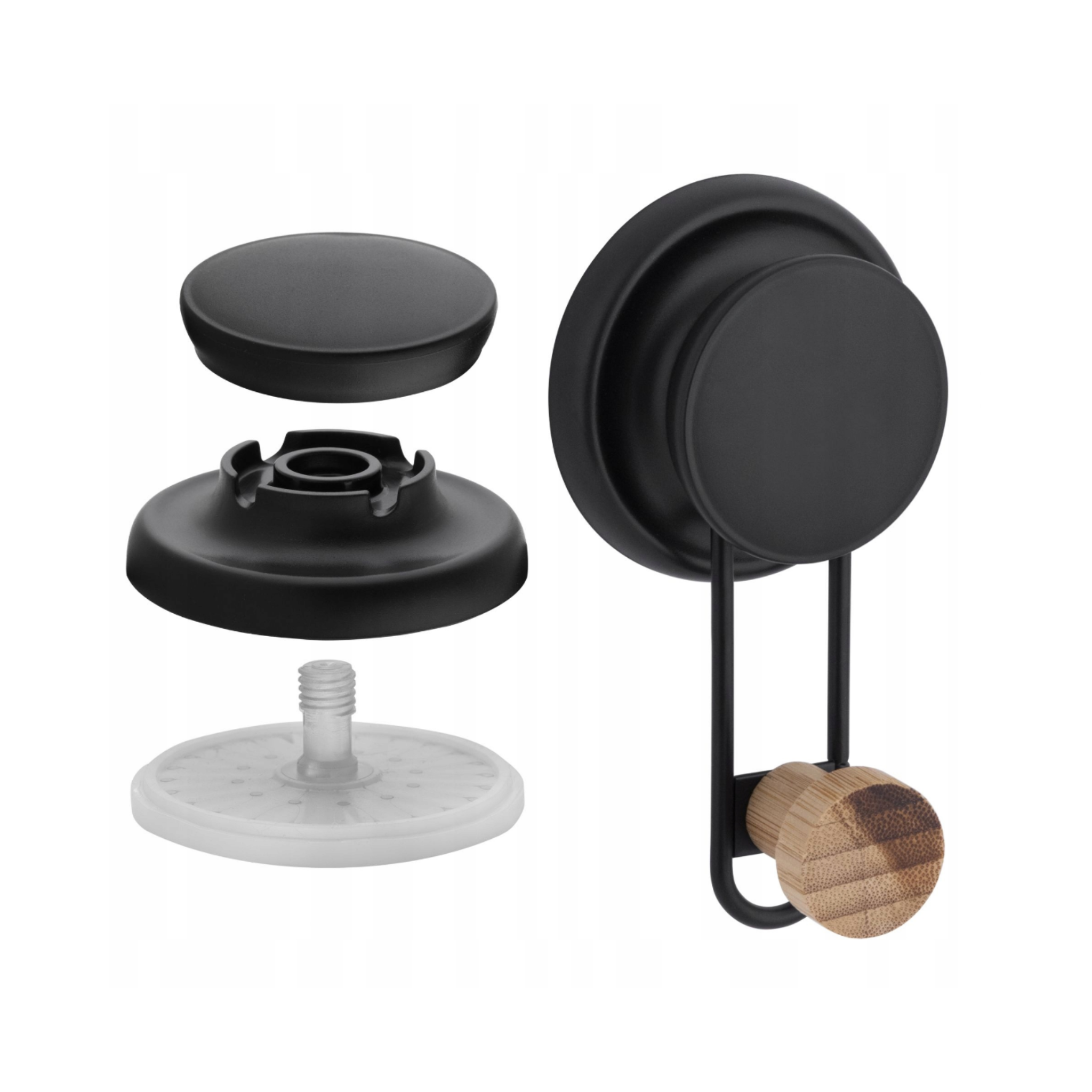 Adhesive pad on the back of the black and bamboo bathroom hook