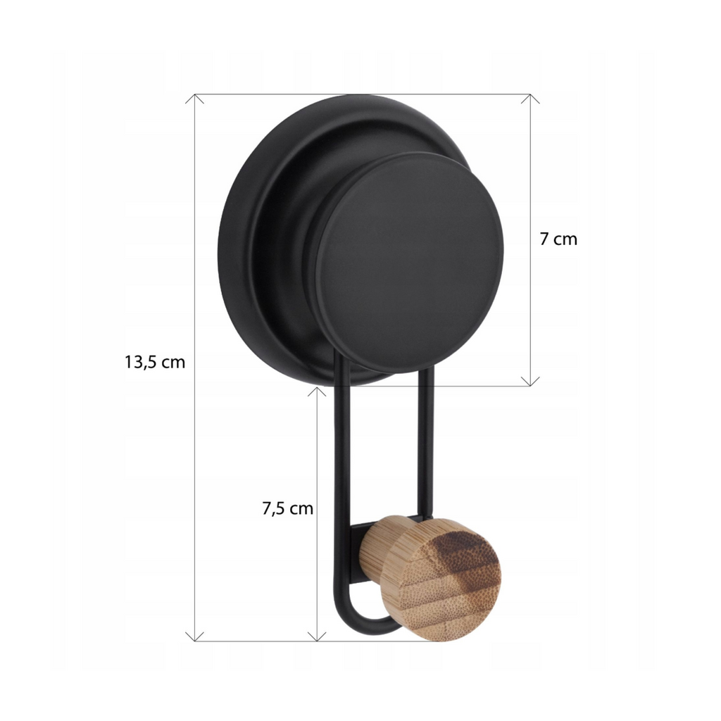 Two black bamboo hooks mounted side by side on a tiled bathroom wall