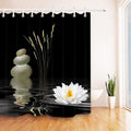 Pale pebbles reeds and a white lotus at the foot of a deep black panel