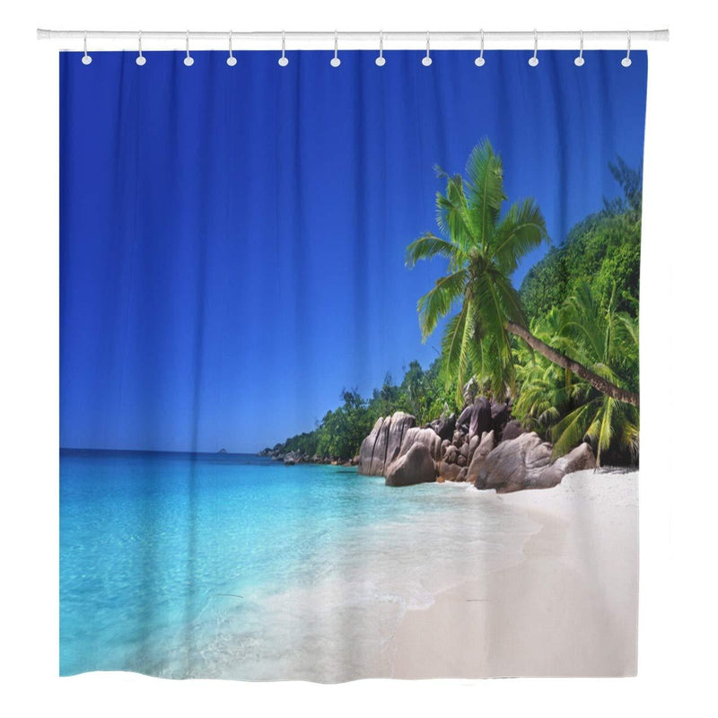 Deep blue sky and translucent water filling the upper hanging panel