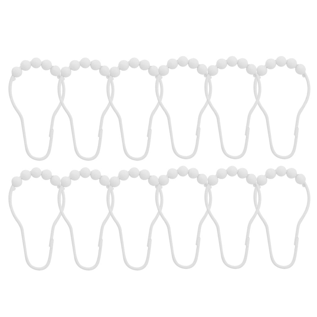 Twelve white curtain rings each topped with a string of round beads
