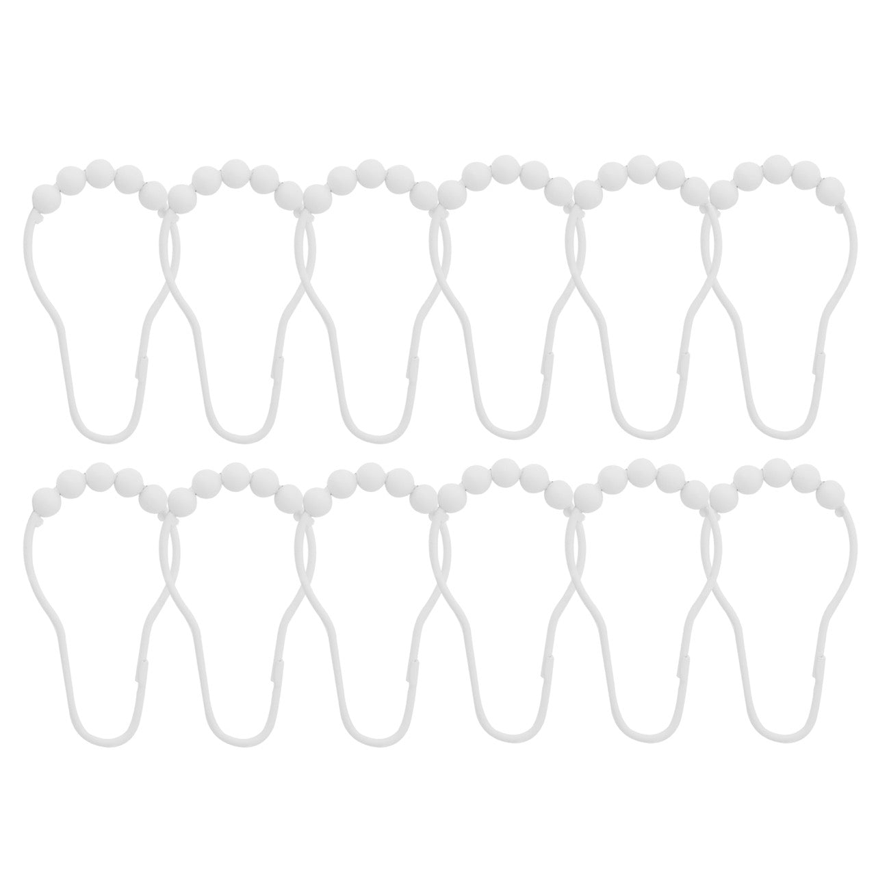 Twelve white curtain rings each topped with a string of round beads