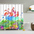 Four watercolour flamingos in front of multicoloured tropical foliage on white
