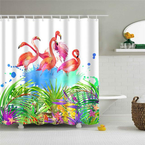 Four watercolour flamingos in front of multicoloured tropical foliage on white