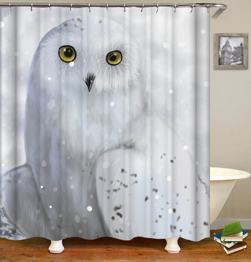 White snowy owl with yellow eyes and speckled plumage among falling snow
