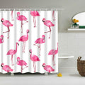 Watercolor flamingos scattered evenly across a plain white curtain ground