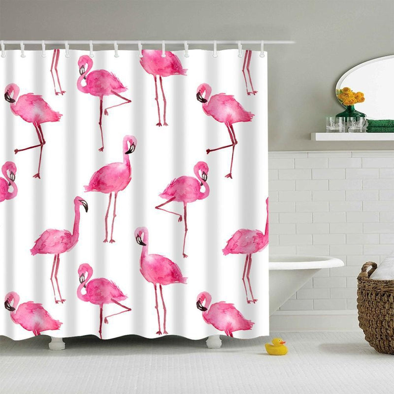 Watercolor flamingos scattered evenly across a plain white curtain ground