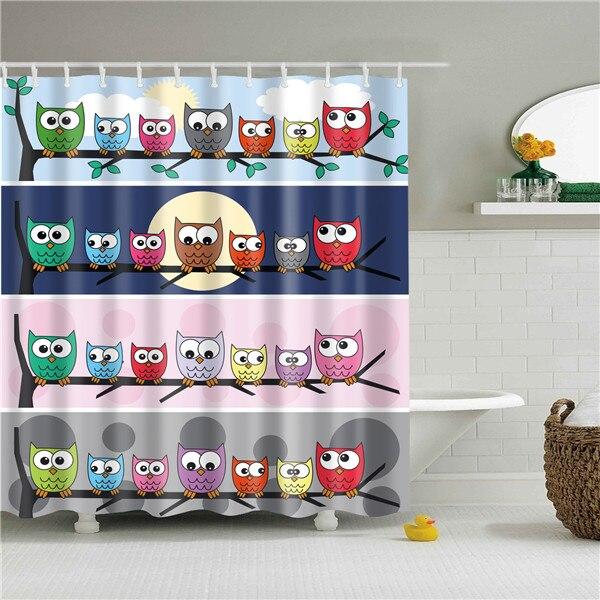 Four coloured bands each lined with drawn owls perched along a branch