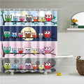 Four coloured bands each lined with drawn owls perched along a branch