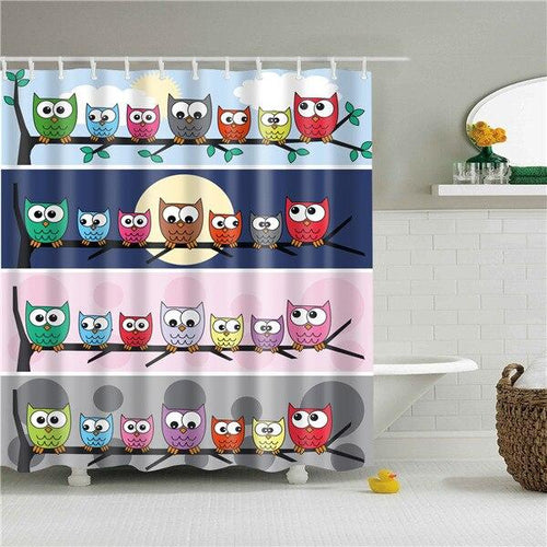 Four coloured bands each lined with drawn owls perched along a branch