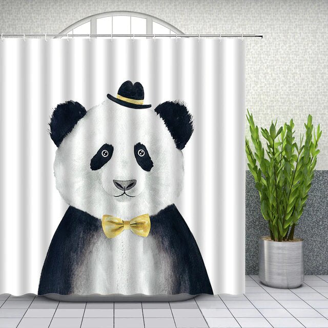 Painted black and white panda in a small hat and mustard bow tie